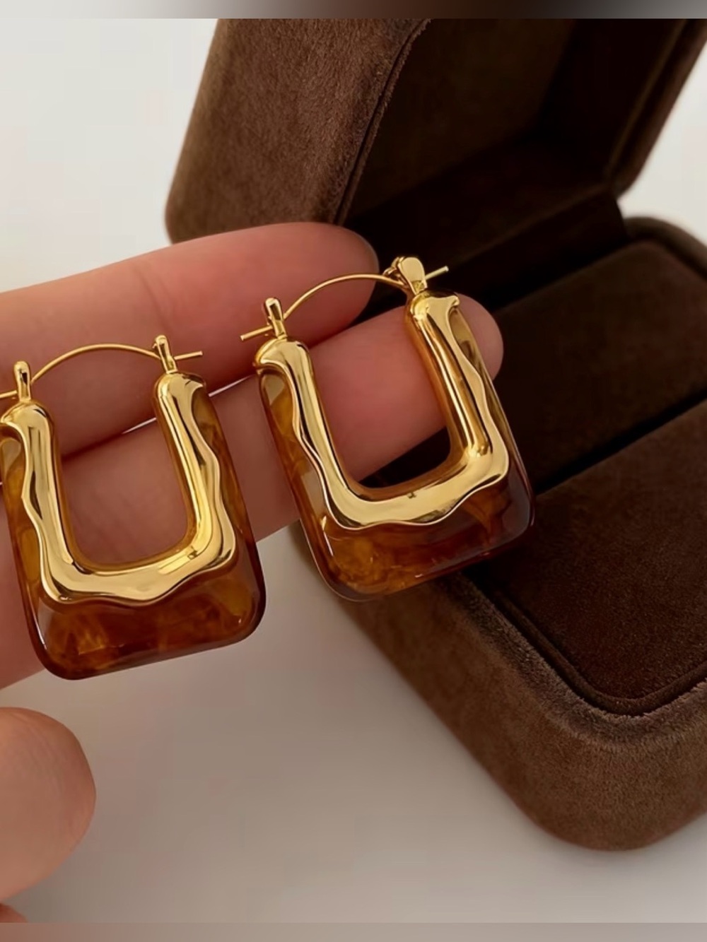 Gold & Amber Resin Square Hoop Earrings - Women Jewelry
